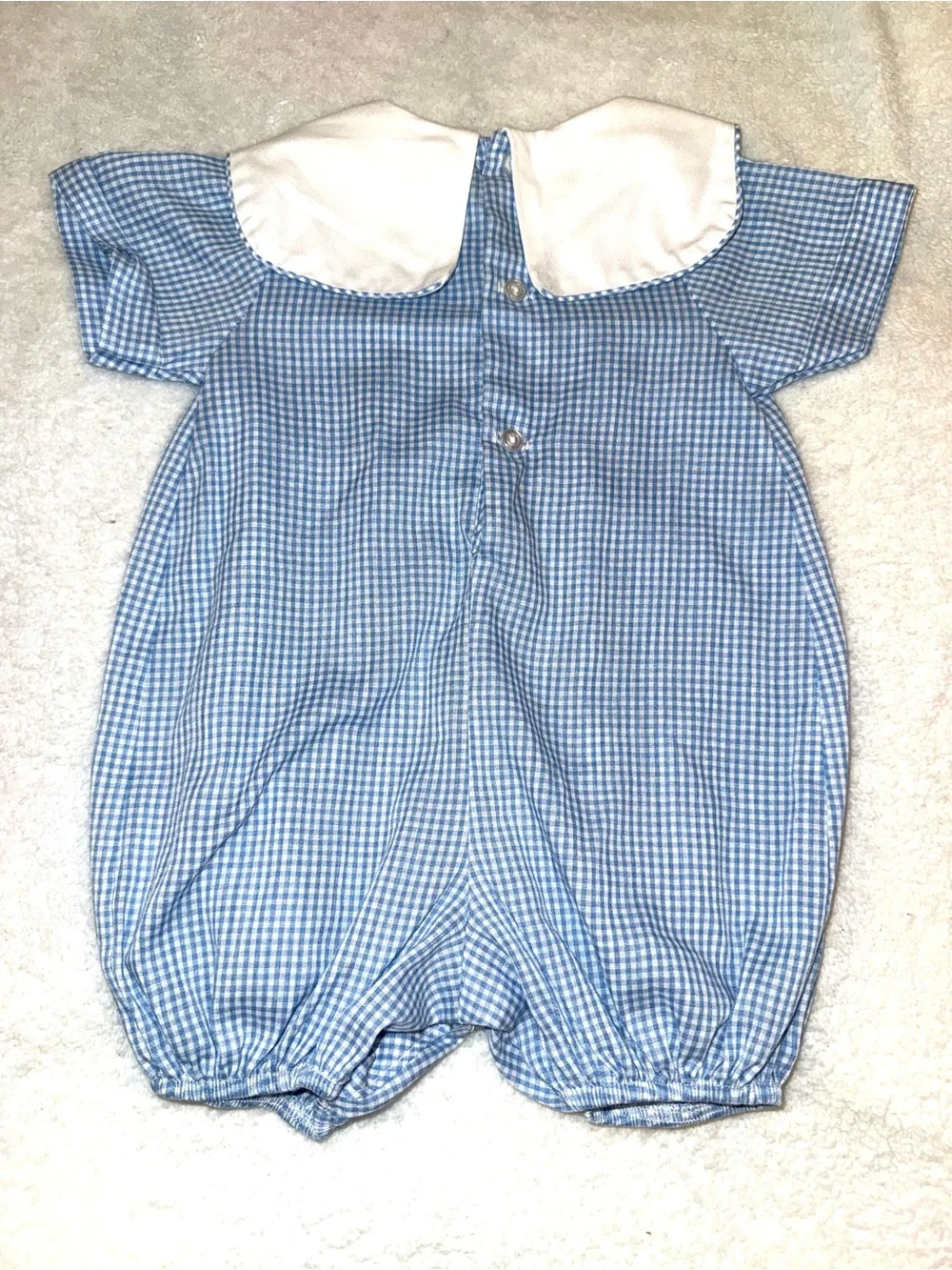 Alexis brand blue gingham bubble romper w/embroidered train details, size 3-6 mo